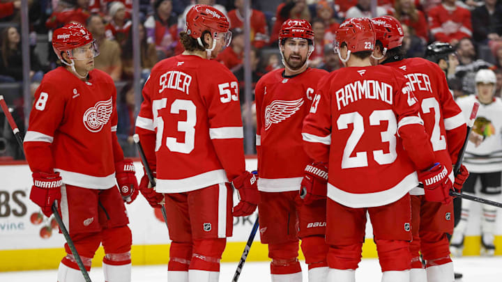 Jan 10, 2025; Detroit, Michigan, USA; The Detroit Red Wings huddle during the third period at Little Caesars Arena. Mandatory Credit: Brian Bradshaw Sevald-Imagn Images