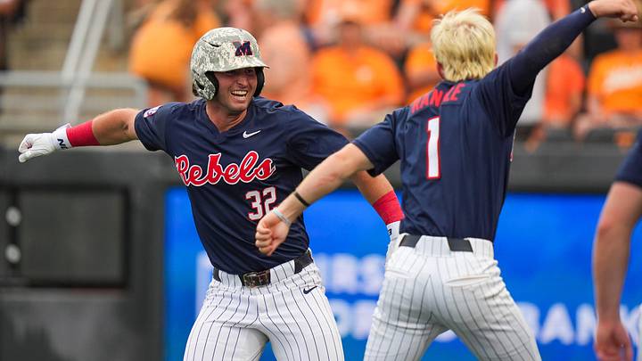Ole Miss outfielder Tristan Bissetta (32) and Ole Miss infielder Brayden Randle (1) celebrate after Bissetta hits a grand slam in the ninth inning during a NCAA baseball game between Tennessee and Ole Miss at Lindsey Nelson Stadium on April 18, 2026. Ole Miss outfielder Tristan Bissetta (32) and Ole Miss infielder Brayden Randle (1) celebrate after Bissetta hits a grand slam in the ninth inning during a NCAA baseball game between Tennessee and Ole Miss at Lindsey Nelson Stadium on April 18, 2026.