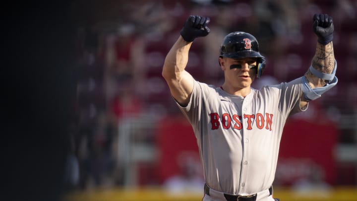 Jun 22, 2024; Cincinnati, Ohio, USA; Boston Red Sox outfielder Tyler O'Neill (17) reacts after hitting a double against the Cincinnati Reds in the ninth inning at Great American Ball Park. Mandatory Credit: Albert Cesare /The Cincinnati Enquirer-USA TODAY Sports
