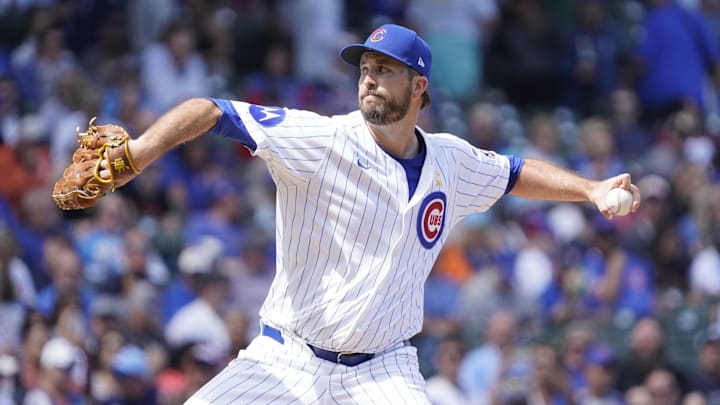 Sep 7, 2025; Chicago, Illinois, USA; Chicago Cubs pitcher Drew Pomeranz (45) throws the ball against the Washington Nationals during the first inning at Wrigley Field. Mandatory Credit: David Banks-Imagn Images