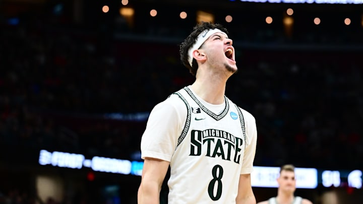 Mar 23, 2025; Cleveland, OH, USA; Michigan State Spartans forward Frankie Fidler (8) reacts in the second half against the New Mexico Lobos during the NCAA Tournament Second Round at Rocket Arena. Mandatory Credit: Ken Blaze-Imagn Images