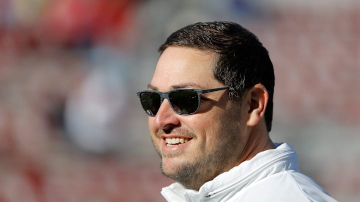 Oklahoma offensive coordinator Jeff Lebby is pictured before a college football game between the University of Oklahoma Sooners (OU) and the TCU Horned Frogs at Gaylord Family-Oklahoma Memorial Stadium in Norman, Okla., Friday, Nov. 24, 2023. Oklahoma won 69-45.