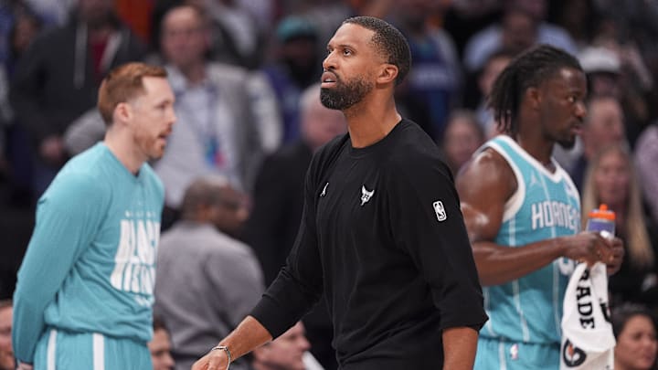 Feb 9, 2026; Charlotte, North Carolina, USA;  Head Coach Charles Lee after his ejection during the second half against the Detroit Pistons at Spectrum Center. Mandatory Credit: Jim Dedmon-Imagn Images