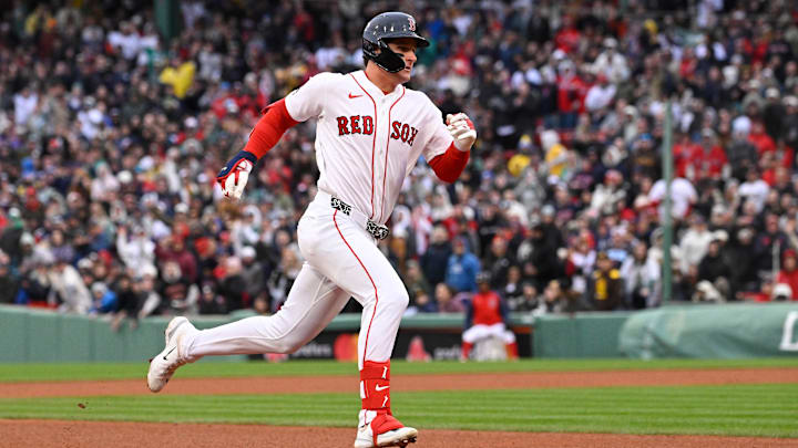 Apr 4, 2026; Foxborough, Massachusetts, USA; Boston Red Sox designated hitter Roman Anthony (19) runs to third base during the fifth inning against the San Diego Padres at Fenway Park. Mandatory Credit: Eric Canha-Imagn Images