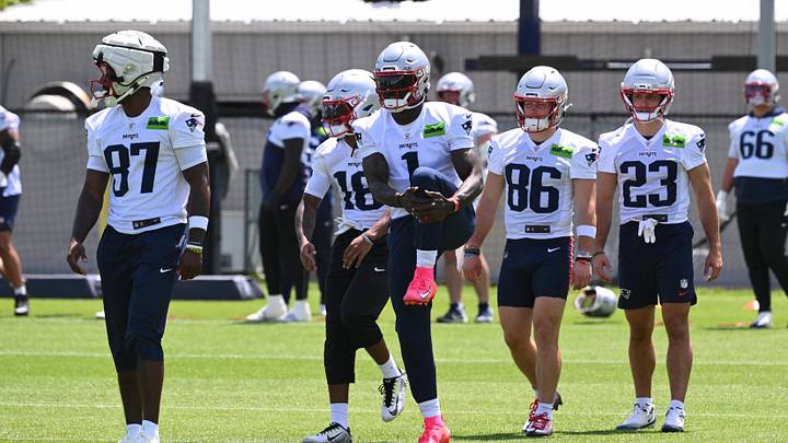 Jun 2, 2026; Foxborough, MA, USA; New England Patriots wide receiver A.J. Brown (1) warms up during the team's OTA at Gillette Stadium. Mandatory Credit: Eric Canha-Imagn Images Jun 2, 2026; Foxborough, MA, USA; New England Patriots wide receiver A.J. Brown (1) warms up during the team's OTA at Gillette Stadium. Mandatory Credit: Eric Canha-Imagn Images