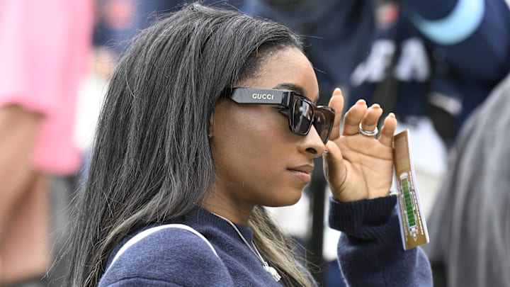Sep 29, 2024; Chicago, Illinois, USA;  Simone Biles, wife of Chicago Bears safety Jonathan Owens (36),  before the game against the Los Angeles Rams at Soldier Field. 