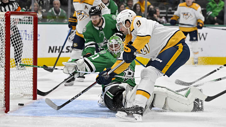 Jan 6, 2024; Dallas, Texas, USA; Nashville Predators left wing Filip Forsberg (9) scores a goal