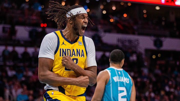 Nov 8, 2024; Charlotte, North Carolina, USA; Indiana Pacers center Myles Turner (33) celebrates after drawing a foul in the third quarter against the Charlotte Hornets at Spectrum Center. Mandatory Credit: Scott Kinser-Imagn Images