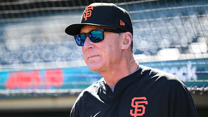 Jun 20, 2025; San Francisco, California, USA; San Francisco Giants manager Bob Melvin looks on before their game against the Boston Red Sox at Oracle Park