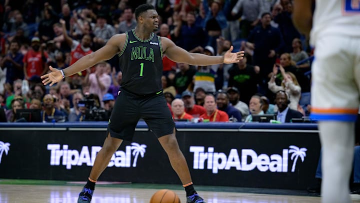 Mar 26, 2024; New Orleans, Louisiana, USA; New Orleans Pelicans forward Zion Williamson (1) reacts