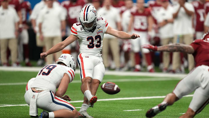 Dec 28, 2023; San Antonio, TX, USA; Aizona Wildcats place kicker Tyler Loop (33) kicks a 37-yard field goal out of the hold of punter Kyle Ostendorp (19) in the second half of the Alamo Bowl against the Oklahoma Sooners at Alamodome. Mandatory Credit: Kirby Lee-Imagn Images Dec 28, 2023; San Antonio, TX, USA; Aizona Wildcats place kicker Tyler Loop (33) kicks a 37-yard field goal out of the hold of punter Kyle Ostendorp (19) in the second half of the Alamo Bowl against the Oklahoma Sooners at Alamodome. Mandatory Credit: Kirby Lee-Imagn Images