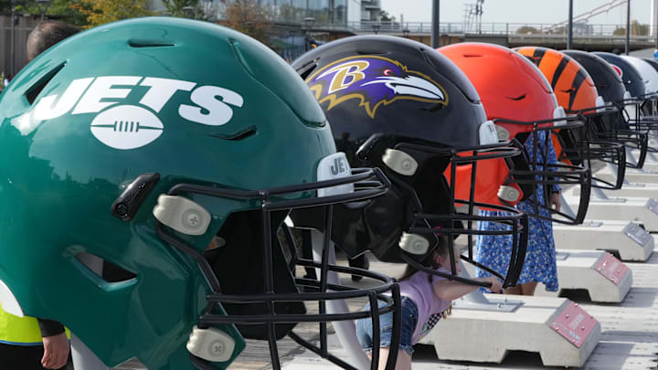Oct 7, 2023; London, United Kingdom; Large oversized helmets of the New York Jets Baltimore Ravens, Cleveland Browns and Cincinnati Bengals at the NFL Experience London at the Battersea Power Station. Mandatory Credit: Kirby Lee-Imagn Images Oct 7, 2023; London, United Kingdom; Large oversized helmets of the New York Jets Baltimore Ravens, Cleveland Browns and Cincinnati Bengals at the NFL Experience London at the Battersea Power Station. Mandatory Credit: Kirby Lee-Imagn Images