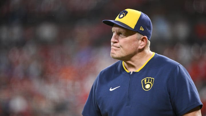 Sep 19, 2025; St. Louis, Missouri, USA;  Milwaukee Brewers manager Pat Murphy (49) looks on prior to a game against the St. Louis Cardinals at Busch Stadium. Mandatory Credit: Jeff Curry-Imagn Images