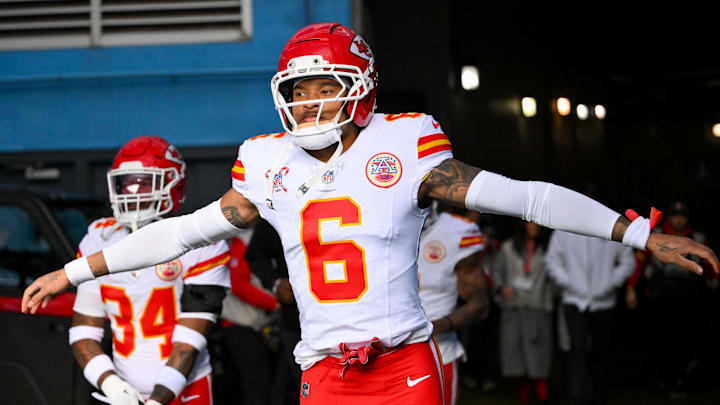 Dec 21, 2025; Nashville, Tennessee, USA;  Kansas City Chiefs safety Bryan Cook (6) runs to the field against the Tennessee Titans during pre-game warmups at Nissan Stadium. Mandatory Credit: Steve Roberts-Imagn Images