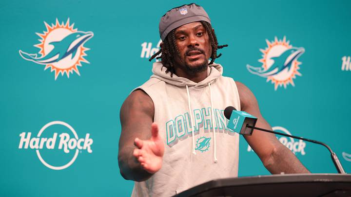 Miami Dolphins quarterback Malik Willis (2) speaks to reporters after practice at Hard Rock Stadium.