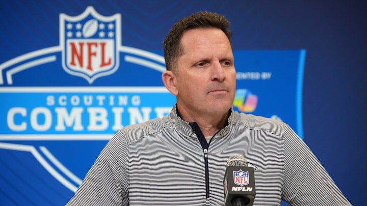 Feb 25, 2025; Indianapolis, IN, USA; Denver Broncos general manager George Paton speaks during the NFL Scouting Combine at the Indiana Convention Center. Mandatory Credit: Kirby Lee-Imagn Images