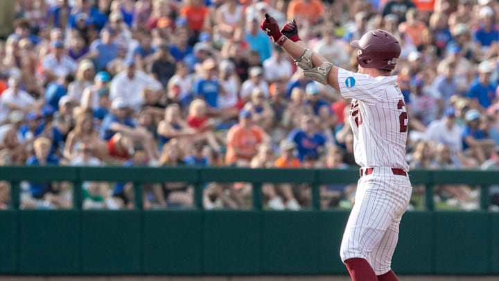 Gamecocks utility Ethan Petry (20) with a double in Game 2 of the NCAA Super Regional against Florida, Saturday, June 10, 2023, at Condron Family Ballpark in Gainesville, Florida. The Gators beat the Gamecocks 4-0 and are headed to the College World Series in Omaha.