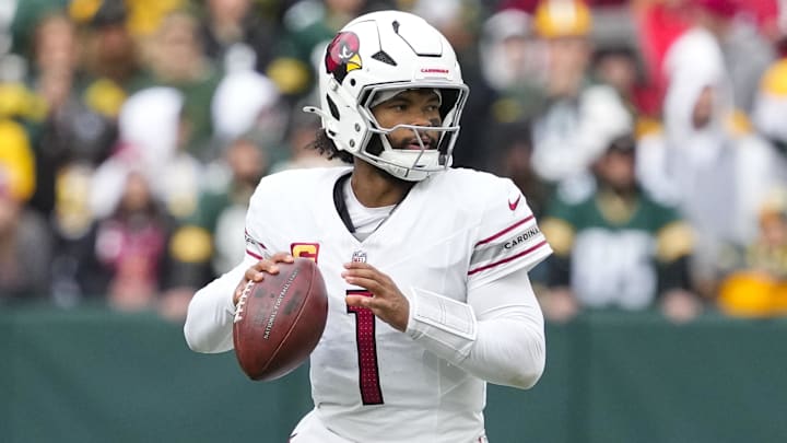 Oct 13, 2024; Green Bay, Wisconsin, USA;  Arizona Cardinals quarterback Kyler Murray (1) during the game against the Green Bay Packers at Lambeau Field. Mandatory Credit: Jeff Hanisch-Imagn Images