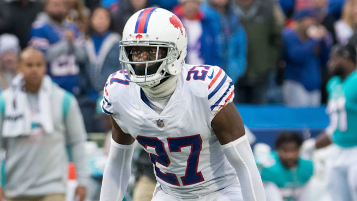Oct 31, 2021; Orchard Park, New York, USA; Buffalo Bills cornerback Tre'Davious White (27) reacts to a play against the Miami Dolphins in the third quarter at Highmark Stadium. Mandatory Credit: Mark Konezny-Imagn Images