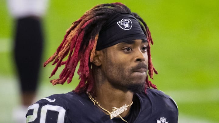 Nov 22, 2020; Paradise, Nevada, USA; Las Vegas Raiders cornerback Damon Arnette (20) against the Kansas City Chiefs at Allegiant Stadium. Mandatory Credit: Mark J. Rebilas-Imagn Images Nov 22, 2020; Paradise, Nevada, USA; Las Vegas Raiders cornerback Damon Arnette (20) against the Kansas City Chiefs at Allegiant Stadium. Mandatory Credit: Mark J. Rebilas-Imagn Images