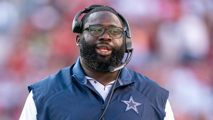 August 10, 2019; Santa Clara, CA, USA; Dallas Cowboys defensive assistant coach Andre Gurode during the first quarter against the San Francisco 49ers at Levi's Stadium. Mandatory Credit: Kyle Terada-Imagn Images