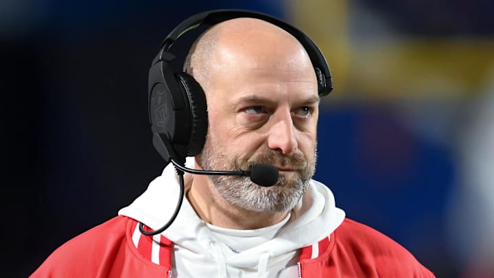 Jan 21, 2024; Orchard Park, New York, USA; Kansas City Chiefs offensive coordinator Matt Nagy on the sidelines in the second half of a 2024 AFC divisional round game against the Buffalo Bills at Highmark Stadium. Mandatory Credit: Mark Konezny-Imagn Images