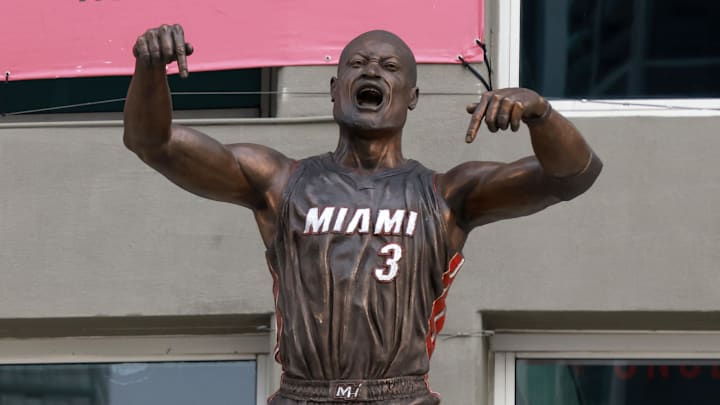 A general view of the new Dwyane Wade statue in front of the Kaseya Center.