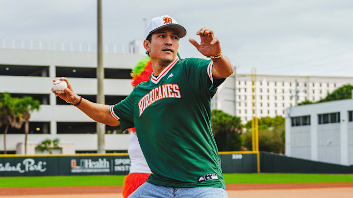 Captain America: Brand New World Danny Ramirez throwing the ceremonial first pitch for the Miami Hurricanes Sunday season opener against Niagara.