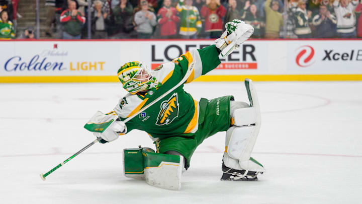 Nov 19, 2025; Saint Paul, Minnesota, USA; Minnesota Wild goaltender Jesper Wallstedt (30) celebrates after making the game winning save against Carolina Hurricanes left wing Taylor Hall (71) in the overtime shootout at Grand Casino Arena. Mandatory Credit: Matt Blewett-Imagn Images Nov 19, 2025; Saint Paul, Minnesota, USA; Minnesota Wild goaltender Jesper Wallstedt (30) celebrates after making the game winning save against Carolina Hurricanes left wing Taylor Hall (71) in the overtime shootout at Grand Casino Arena. Mandatory Credit: Matt Blewett-Imagn Images