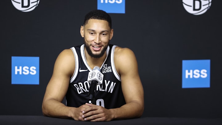 Sep 30, 2024; Brooklyn, NY, USA;  Brooklyn Nets guard Ben Simmons (10) at Brooklyn Nets Media Day at HSS Training Center. Mandatory Credit: Wendell Cruz-Imagn Images