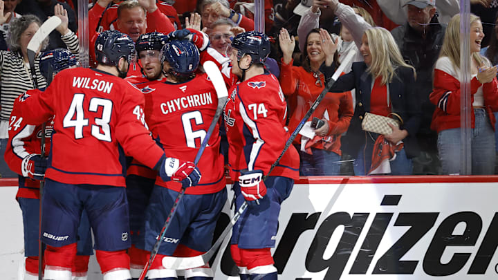 Apr 30, 2025; Washington, District of Columbia, USA; Washington Capitals defenseman Jakob Chychrun (6) celebrates with teammates after scoring a goal against the Montreal Canadiens in the first period in game five of the first round of the 2025 Stanley Cup Playoffs at Capital One Arena. Mandatory Credit: Geoff Burke-Imagn Images