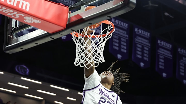 Mar 2, 2025; Manhattan, Kansas, USA; Kansas State Wildcats forward Macaleab Rich (23) misses a dunk during the second half against the Colorado Buffaloes  at Bramlage Coliseum. Mandatory Credit: Scott Sewell-Imagn Images