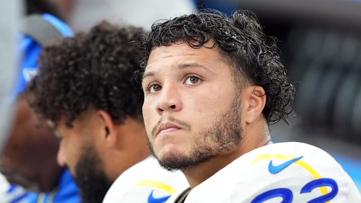 Sep 15, 2024; Glendale, Arizona, USA; Los Angeles Rams running back Blake Corum (22) looks on against the Arizona Cardinals during the first half at State Farm Stadium. Mandatory Credit: Joe Camporeale-Imagn Images