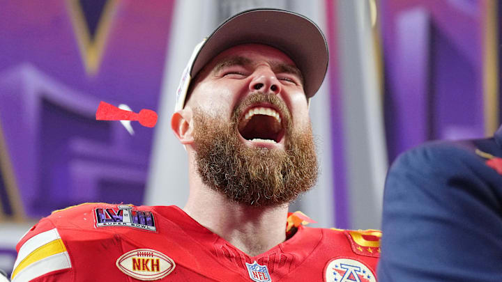 Feb 11, 2024; Paradise, Nevada, USA; Kansas City Chiefs tight end Travis Kelce (87) celebrates after