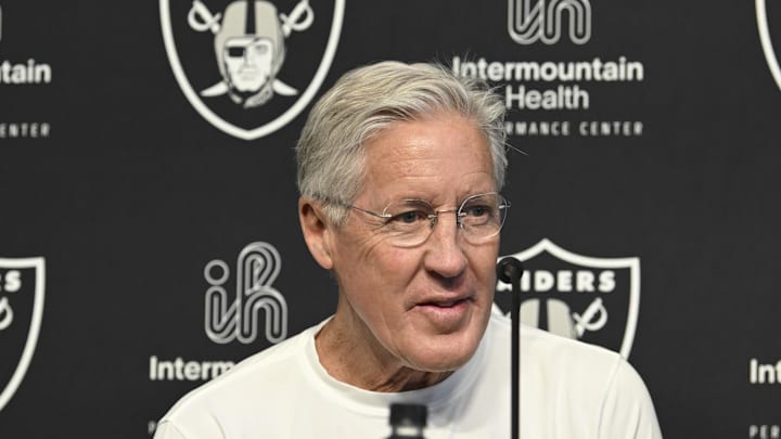 Apr 25, 2025; Henderson, NV, USA; Las Vegas Raiders head coach Pete Carroll at a news conference introducing Ashton Jeanty as the first round draft pick in the 2025 NFL Draft at Intermountain Health Performance Center. Mandatory Credit: Candice Ward-Imagn Images Apr 25, 2025; Henderson, NV, USA; Las Vegas Raiders head coach Pete Carroll at a news conference introducing Ashton Jeanty as the first round draft pick in the 2025 NFL Draft at Intermountain Health Performance Center. Mandatory Credit: Candice Ward-Imagn Images