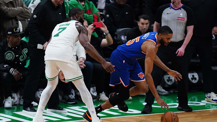  New York Knicks forward Mikal Bridges strips the ball from Boston Celtics guard Jaylen Brown, winning to seal a win in Game 1 of the Eastern Conference semifinals of the 2025 NBA playoffs.