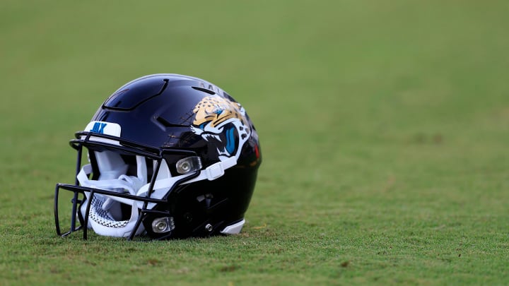 A Jacksonville Jaguars helmet lies on the turf Wednesday, July 26, 2023 at Miller Electric Center at A Jacksonville Jaguars helmet lies on the turf Wednesday, July 26, 2023 at Miller Electric Center at