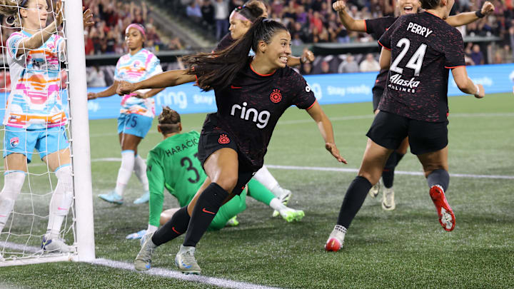 Sep 20, 2025; Portland, Oregon, USA;  Portland Thorns FC defender Reyna Reyes (2) reacts after scoring a goal in the second half against the San Diego Wave FC at Providence Park. Mandatory Credit: Jaime Valdez-Imagn Images