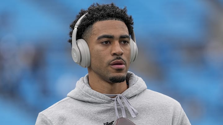 Dec 15, 2024; Charlotte, North Carolina, USA; Carolina Panthers quarterback Bryce Young (9) throws during pregame warmups against the Dallas Cowboys at Bank of America Stadium. Mandatory Credit: Jim Dedmon-Imagn Images