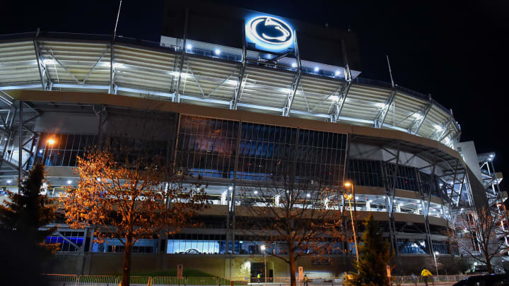 An exterior night view of Penn State' Beaver Stadium. 