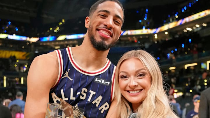 Tyrese Haliburton (0) of the Indiana Pacers and girlfriend Jade Jones after the 73rd NBA All Star game at Gainbridge Fieldhouse.