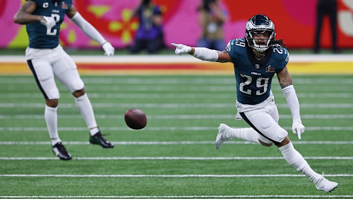 Feb 9, 2025; New Orleans, LA, USA; Philadelphia Eagles cornerback Avonte Maddox (29) reacts after a defensive stop against the Kansas City Chiefs during the second half of Super Bowl LIX at Caesars Superdome. Mandatory Credit: Bill Streicher-Imagn Images
