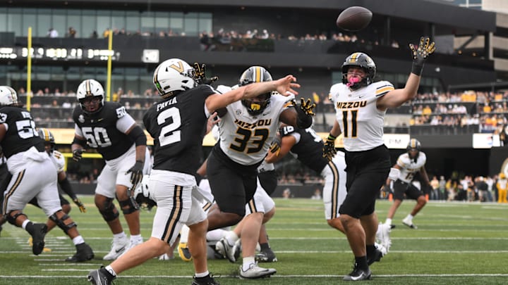 Oct 25, 2025; Nashville, Tennessee, USA; Vanderbilt Commodores quarterback Diego Pavia (2) throws from the end zone against the Missouri Tigers during the third quarter at FirstBank Stadium. Mandatory Credit: Steve Roberts-Imagn Images
