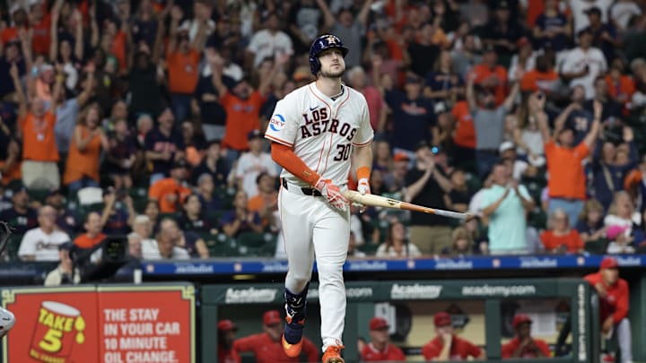 Sep 21, 2024; Houston, Texas, USA; Houston Astros right fielder Kyle Tucker (30) watches his home run against the Los Angeles Angels in the seventh inning at Minute Maid Park. Sep 21, 2024; Houston, Texas, USA; Houston Astros right fielder Kyle Tucker (30) watches his home run against the Los Angeles Angels in the seventh inning at Minute Maid Park.