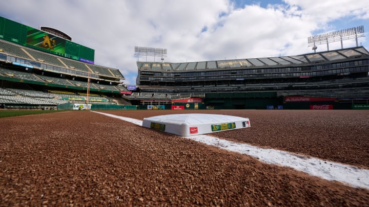 Sep 24, 2023; Oakland, California, USA; A general view of third base at Oakland-Alameda County