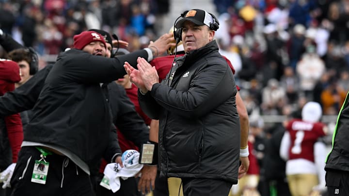 Nov 23, 2024; Chestnut Hill, Massachusetts, USA;  Boston College Eagles head coach Bill O'Brien reacts to a touchdown against the North Carolina Tar Heels during the first half at Alumni Stadium. Mandatory Credit: Eric Canha-Imagn Images