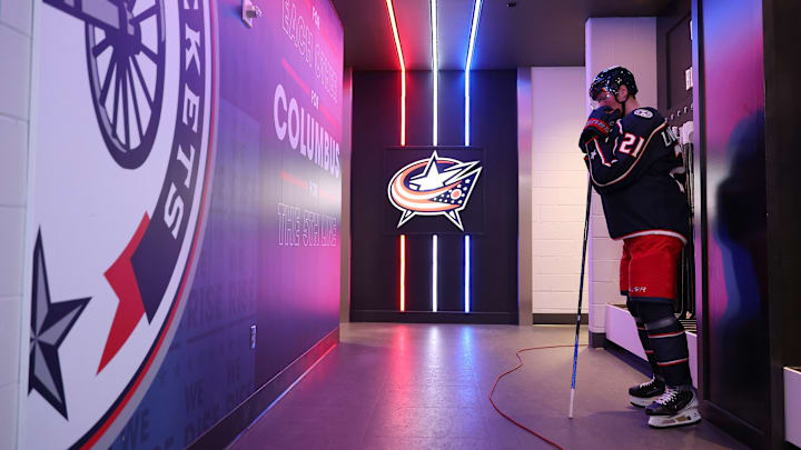 Blue Jackets forward Isac Lundestrom prepares in the tunnel pre-game.