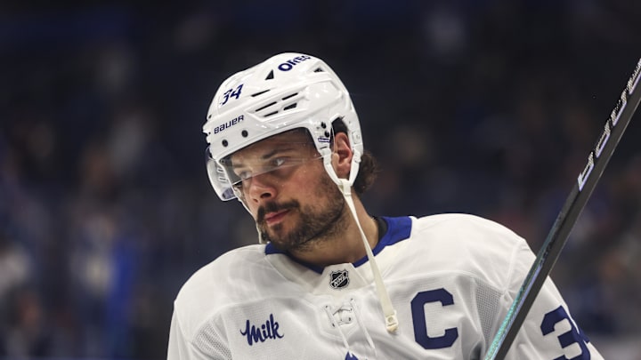 Feb 25, 2026; Tampa, Florida, USA; Toronto Maple Leafs forward Auston Matthews (34) during warm ups before the game against the Tampa Bay Lightning at Benchmark International Arena. Mandatory Credit: Morgan Tencza-Imagn Images Feb 25, 2026; Tampa, Florida, USA; Toronto Maple Leafs forward Auston Matthews (34) during warm ups before the game against the Tampa Bay Lightning at Benchmark International Arena. Mandatory Credit: Morgan Tencza-Imagn Images