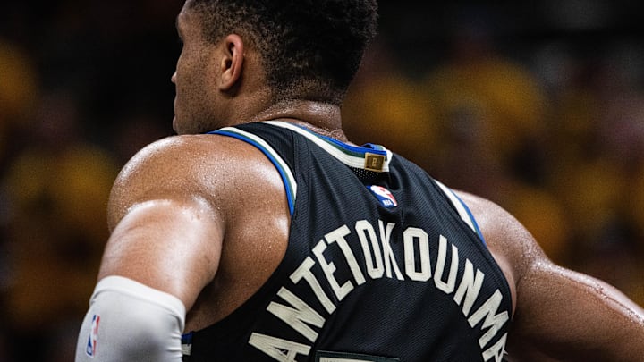Apr 29, 2025; Indianapolis, Indiana, USA; Milwaukee Bucks forward Giannis Antetokounmpo (34) during game five of the first round for the 2024 NBA Playoffs against the Indiana Pacers at Gainbridge Fieldhouse. Mandatory Credit: Trevor Ruszkowski-Imagn Images
