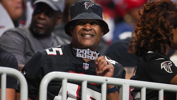 Atlanta Falcons fan in the stands against the Tampa Bay Buccaneers in the first quarter at Mercedes-Benz Stadium.